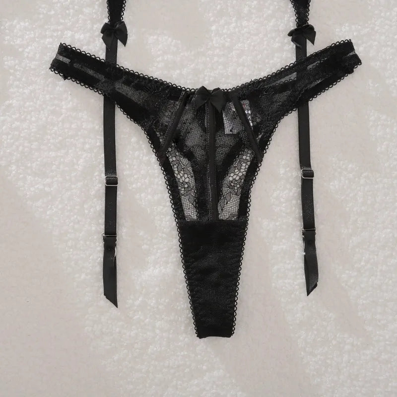 Lingeries Sexy Hot Exquisite Sheer Eyelash Lace Lingerie Sets for Women Tight Waist Corset Tops and Thong Garter Erotic Costumes