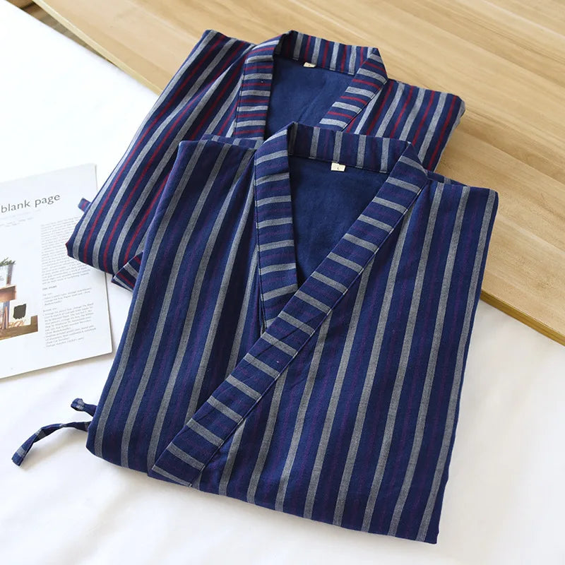 Blue Red Striped Printed Robe for Men 100% Cotton Kimono Men Bathrobe for Spring Autumn 100% Cotton Long Style Men Kimono Robe