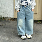 Children Wide Leg Jeans Spring Autumn Boy and Girl Elastic Waist Straight Leg Denim Pants Kids Casual Versatile Trousers A40056