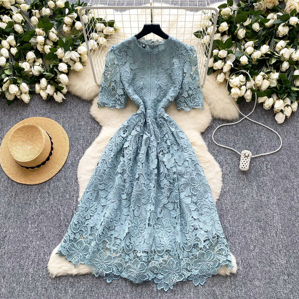 Ele Hollow out Lace ort Sve Dr Women's Summer Slimming A-Line Gown High Waist Korean Sle Commute Suitable