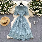 Ele Hollow out Lace ort Sve Dr Women's Summer Slimming A-Line Gown High Waist Korean Sle Commute Suitable