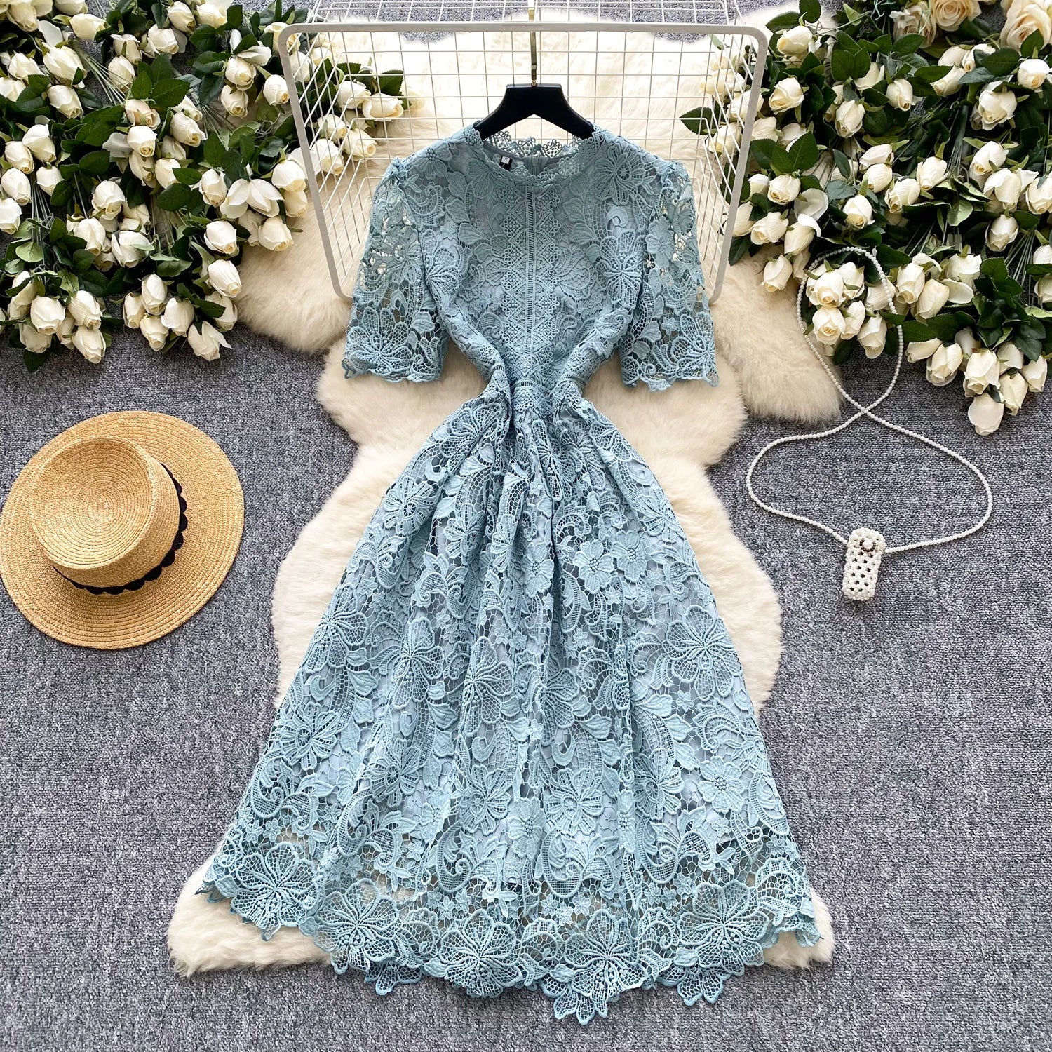 Ele Hollow out Lace ort Sve Dr Women's Summer Slimming A-Line Gown High Waist Korean Sle Commute Suitable