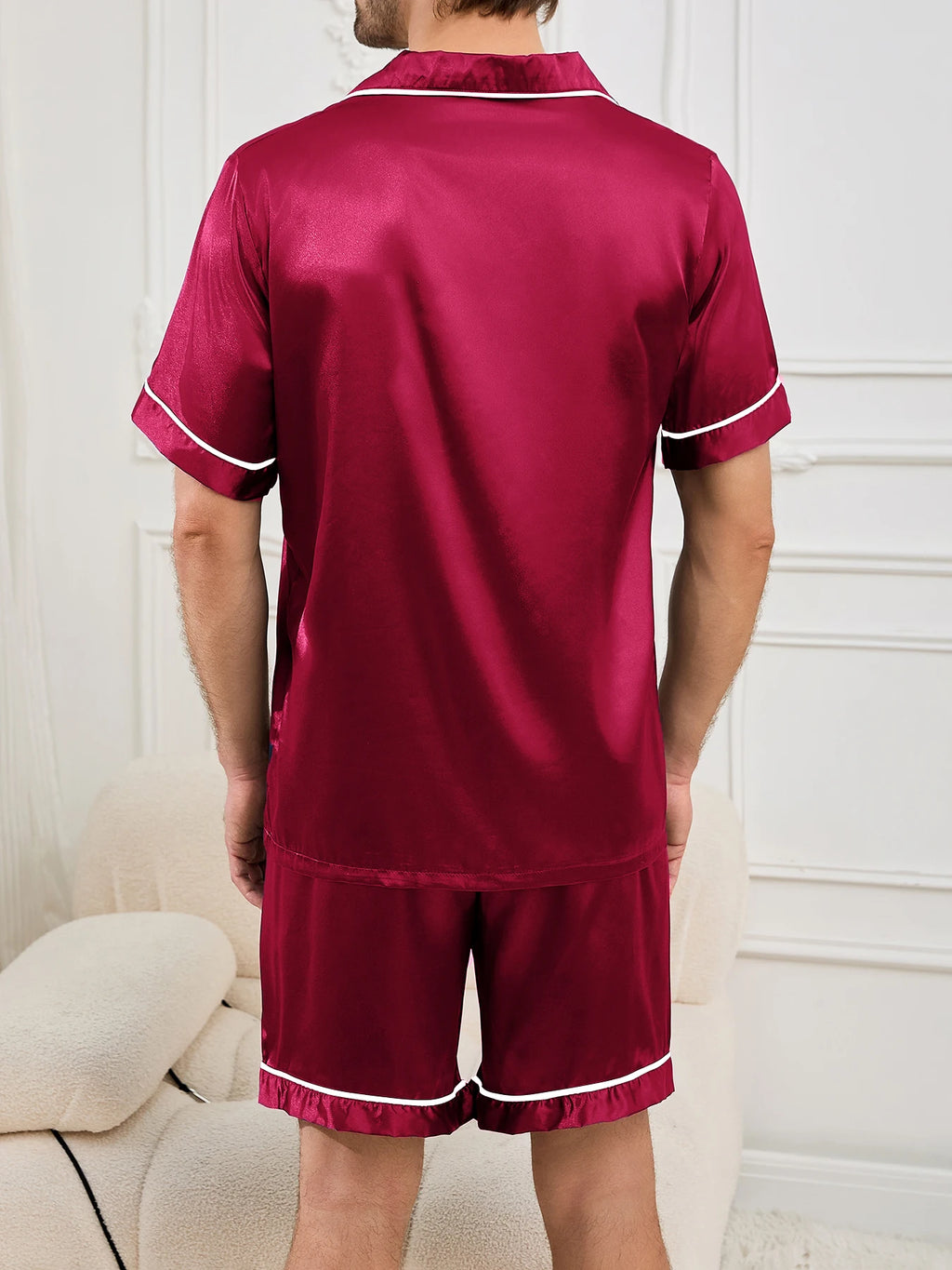 Men's Pajamas Set Summer Sleepwear Sleeve Button-Up Top & Shorts