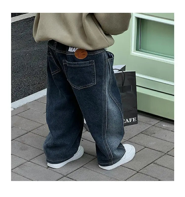 2-12Y Childrens Boys Denim Pants One-piece Fleece Thickened Autumn Winter Casual Kids Baby Boys Pants Toddler Boys Warm Jeans