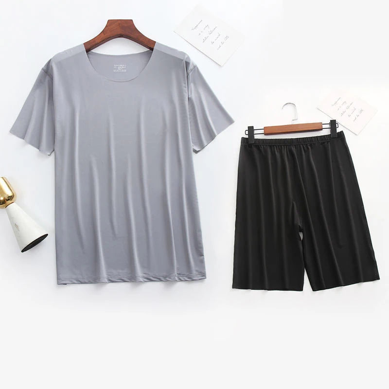 Men Ice Silk Pajamas Solid Shirt & Pants 2Pcs Pijamas Sleep Set Casual Male Home Clothes Summer Pyjamas Sleepwear Nightwear Suit