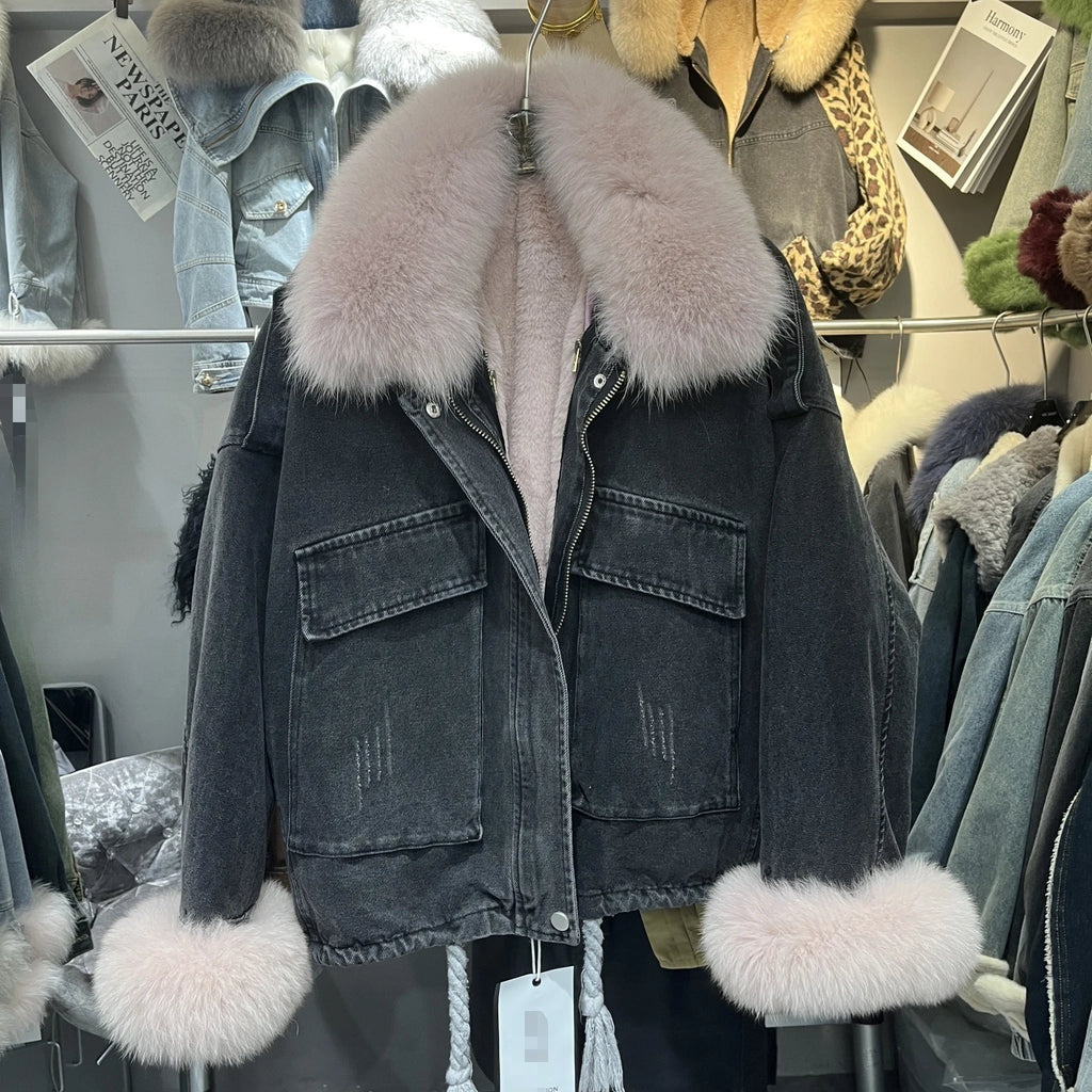 Fox Fur Denim Jacket for Women Fleece-Lined and Thickened Winter 2025 New Korean Style Loose Fit Batwing Sleeve Cotton Coat