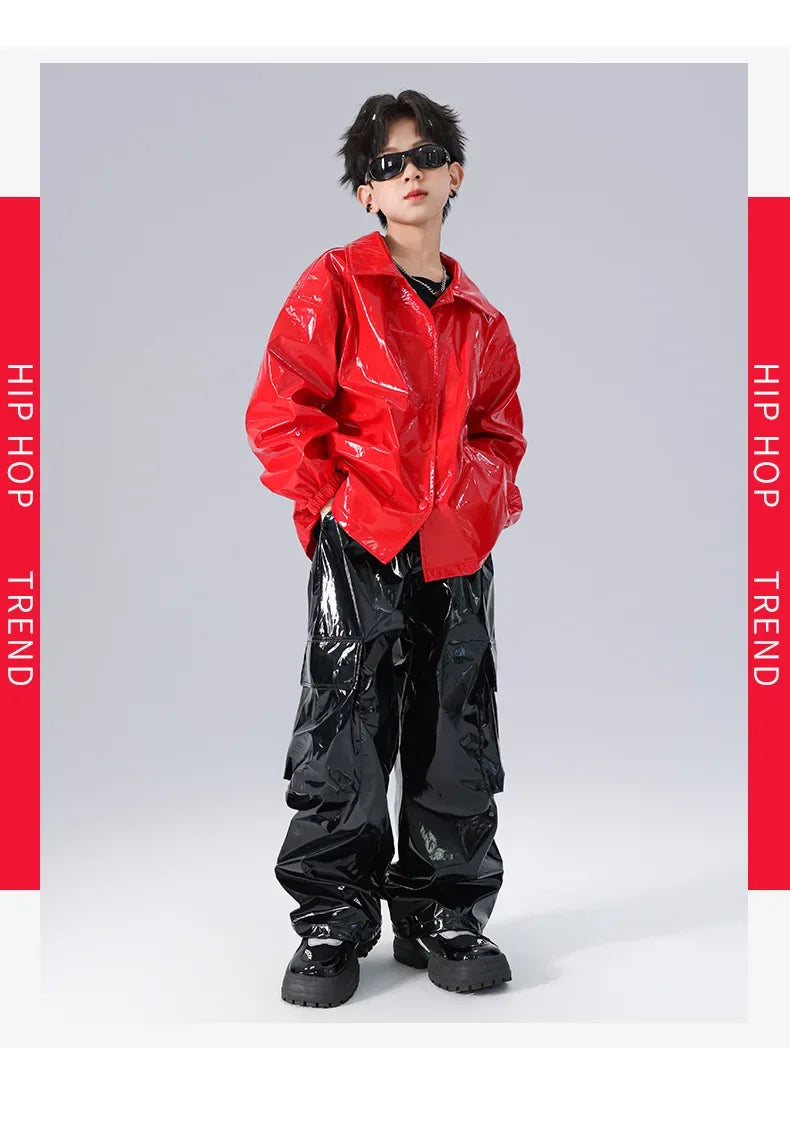 Boys K-pop Fashion Leather Jacket Street Dance Cargo Pants Girl Hip Hop Streetwear Kids Children Jazz Shiny Costume Clothes Sets