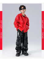 Boys K-pop Fashion Leather Jacket Street Dance Cargo Pants Girl Hip Hop Streetwear Kids Children Jazz Shiny Costume Clothes Sets
