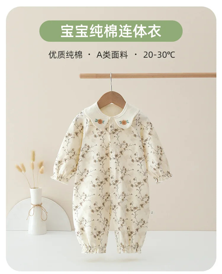 Spring and Autumn Baby Pure Cotton Velvet Jumpsuit with Plant Pattern Printed Baby Girl Clothing High Quality Baby Girl Clothing