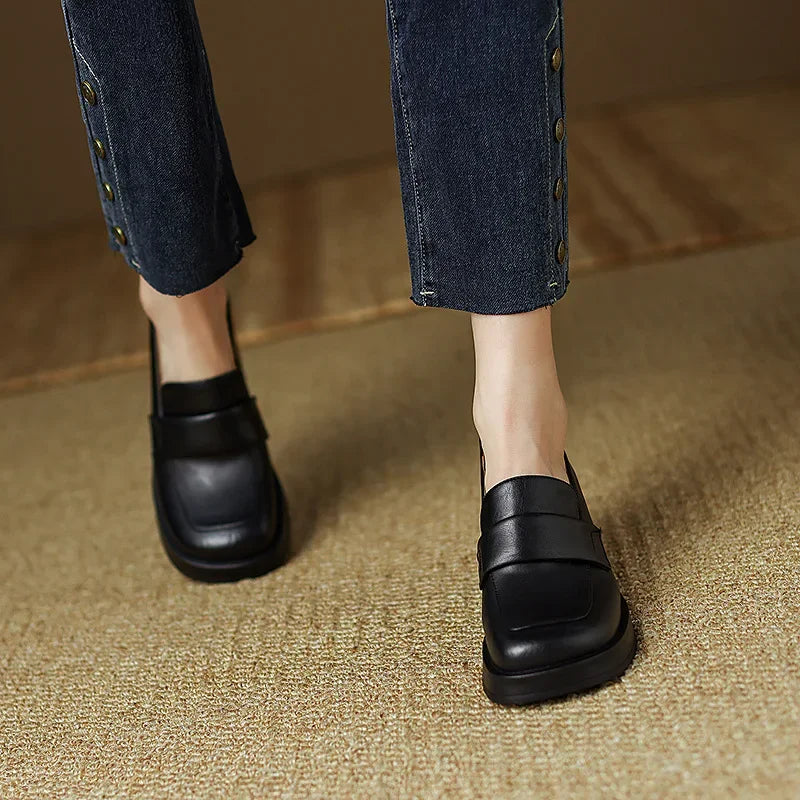 Shoes for Women Retro British Style Thick High Heels Loafers Platform Leather Shoes 2024 summer new French Square Toe Women Shoe