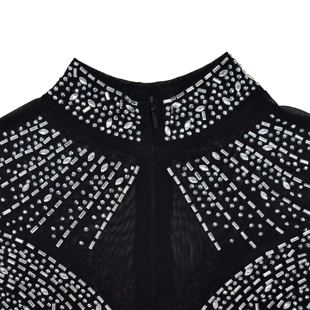 Women's Glittery Rhinestones Gymnastics Jumpsuit Sheer Mesh Patchwork Mock Neck Long Sleeve Dance Rompers One-piece Bodysuit
