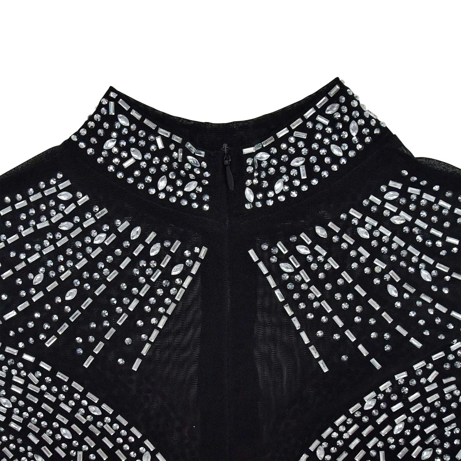 Women's Glittery Rhinestones Gymnastics Jumpsuit Sheer Mesh Patchwork Mock Neck Long Sleeve Dance Rompers One-piece Bodysuit
