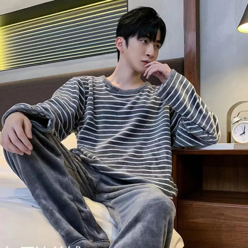 Winter Flannel Pajamas Set Men Korean Teen Students Striped Sleepwear Coral Fleece Pullover Trousers Pjs Set Homewear Loungewear