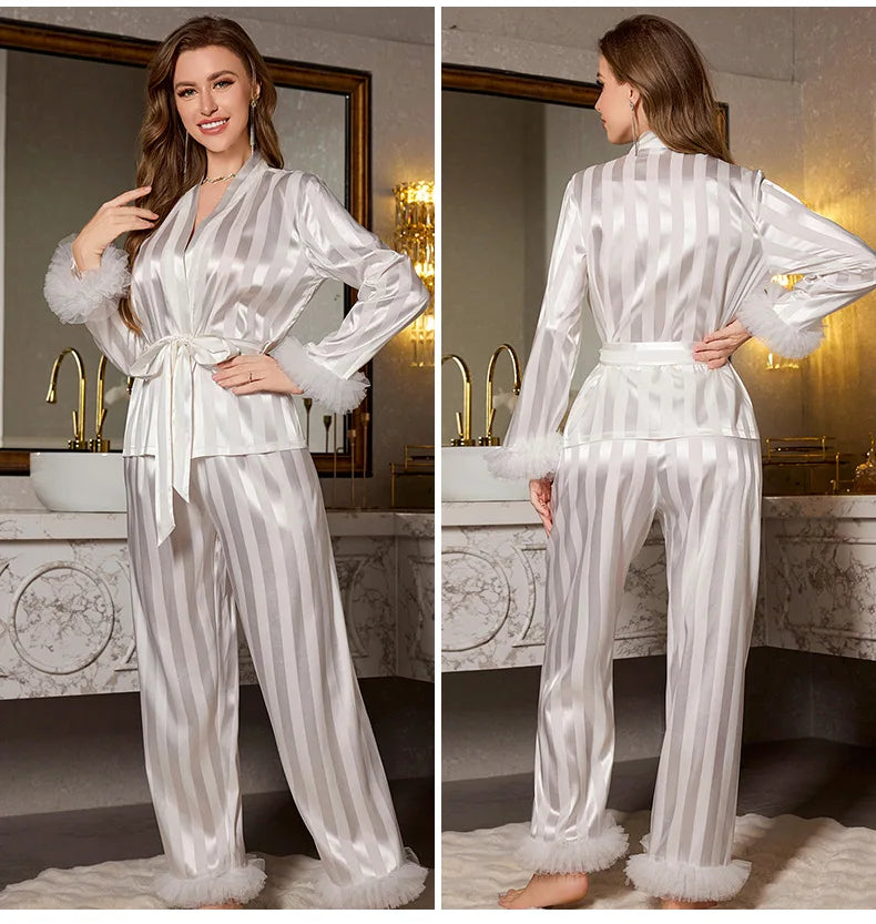 Female Pajamas 2PCS Set Sexy Perspective Lace Long Sleeve Trouser Pijamas Suit Sleepwear Loose Silk Satin Homewear Loungewear