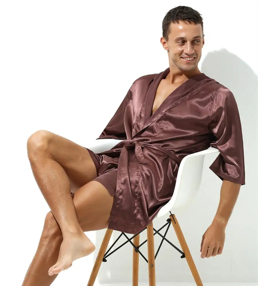 Sexy Sleepwear Men Robes Bathrobes Soft Silky Short Sleeve Nightgown Mens Homewear Dressing Gown Male Pajamas (No shorts)