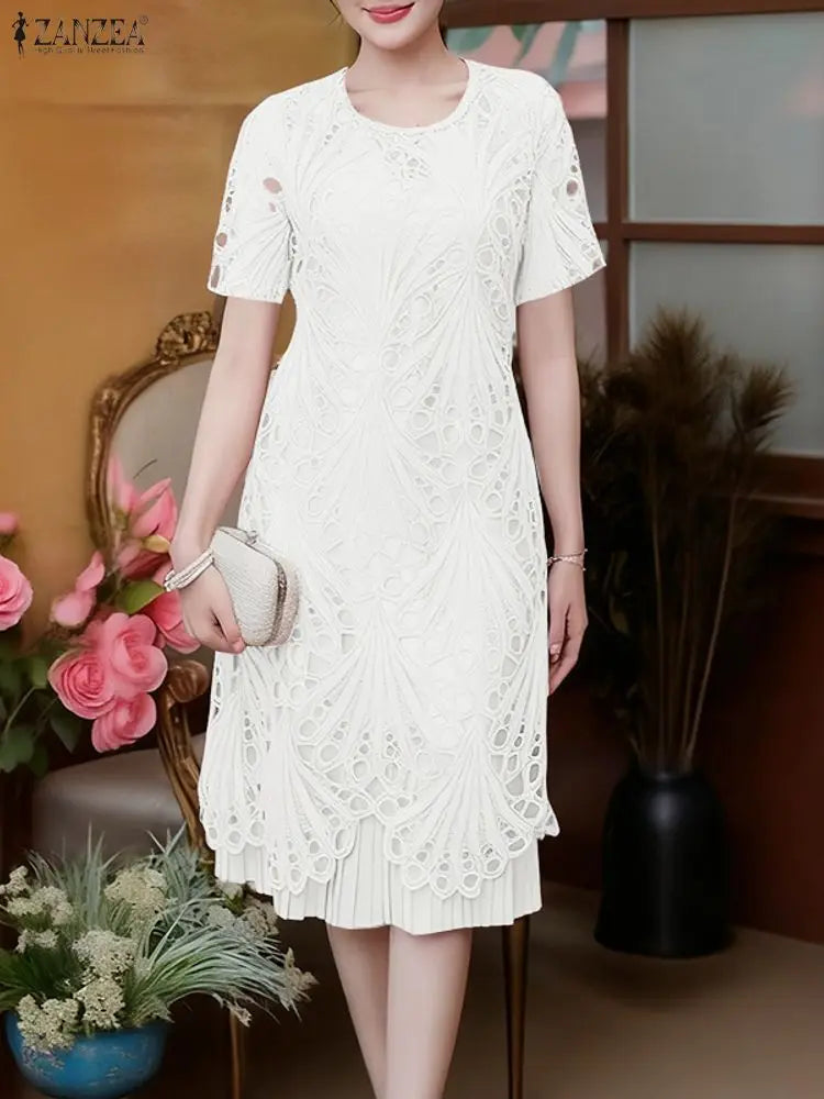 Stylish Women Desses ZANZEA 2025 Summer Lace Patchwork Dress Elegant Party Work Sundress Short Sleeve Pleated Vestidos Midi Robe