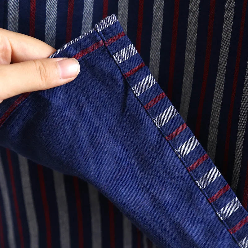 Blue Red Striped Printed Robe for Men 100% Cotton Kimono Men Bathrobe for Spring Autumn 100% Cotton Long Style Men Kimono Robe