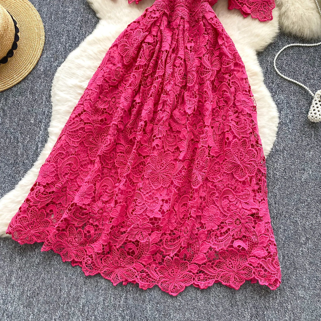 Ele Hollow out Lace ort Sve Dr Women's Summer Slimming A-Line Gown High Waist Korean Sle Commute Suitable