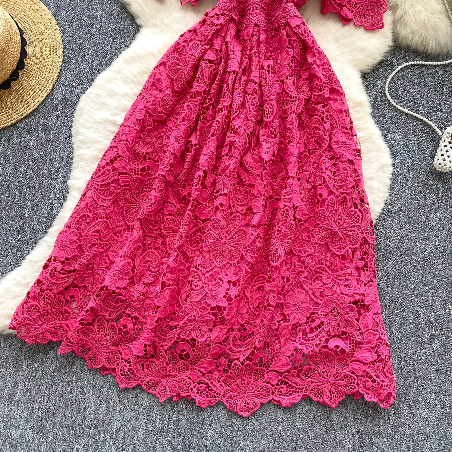 Ele Hollow out Lace ort Sve Dr Women's Summer Slimming A-Line Gown High Waist Korean Sle Commute Suitable