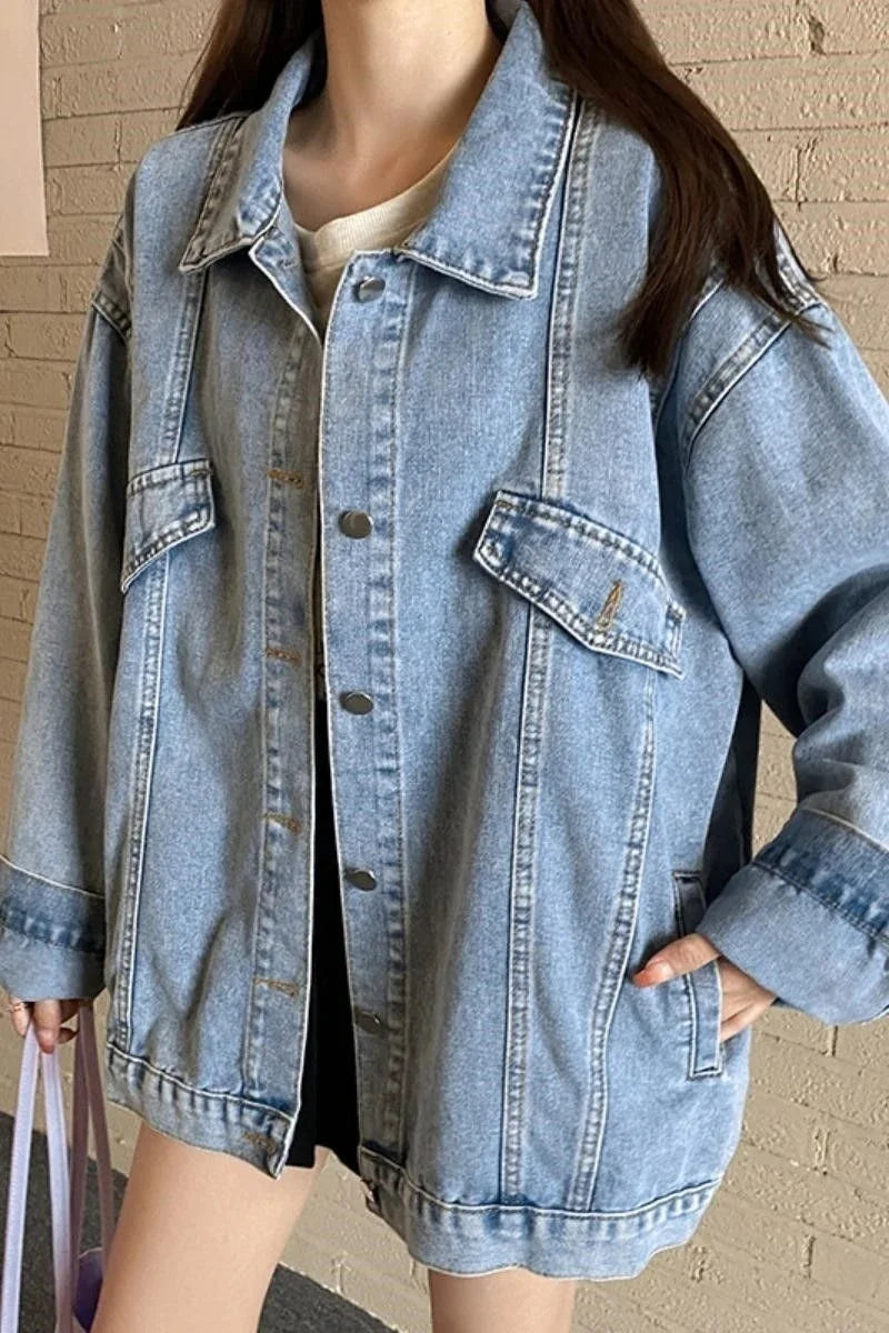 2025 Spring Autumn New Women Denim Jacket Boyfriend Loose Harajuku Design Unique Mid Length Casual All Match Outerwear