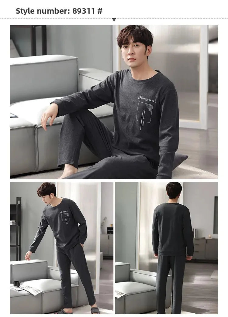 Fashion Lounge Pajamas Sets Men's Spring New Long-sleeved Tops with Trousers Cotton Homewear Comfort Simple Sleepwear Two Pieces