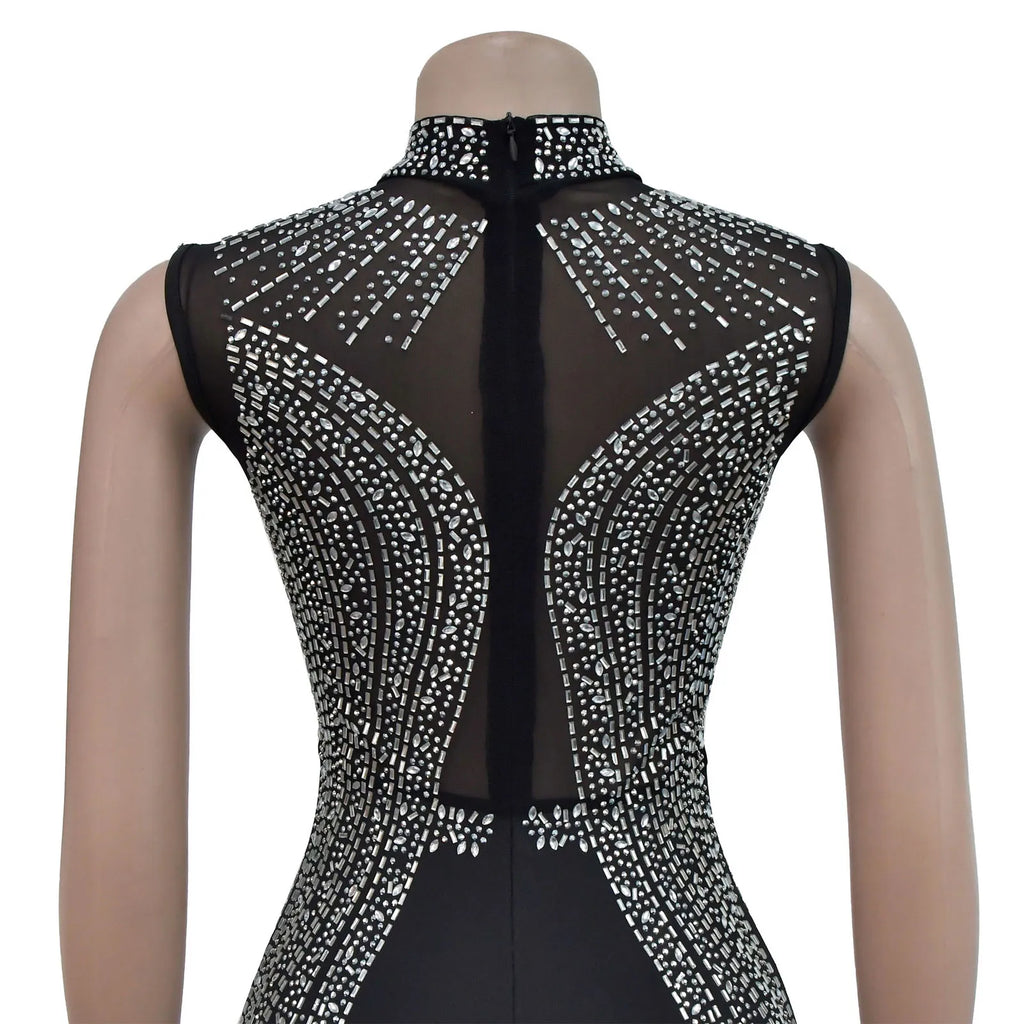 Women's Glittery Rhinestones Gymnastics Jumpsuit Sheer Mesh Patchwork Mock Neck Long Sleeve Dance Rompers One-piece Bodysuit
