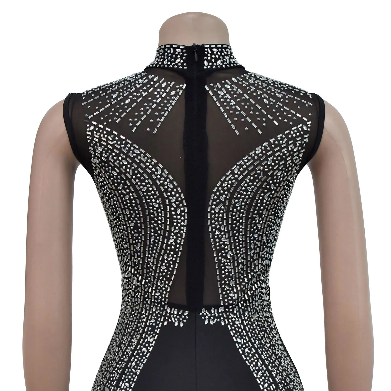 Women's Glittery Rhinestones Gymnastics Jumpsuit Sheer Mesh Patchwork Mock Neck Long Sleeve Dance Rompers One-piece Bodysuit
