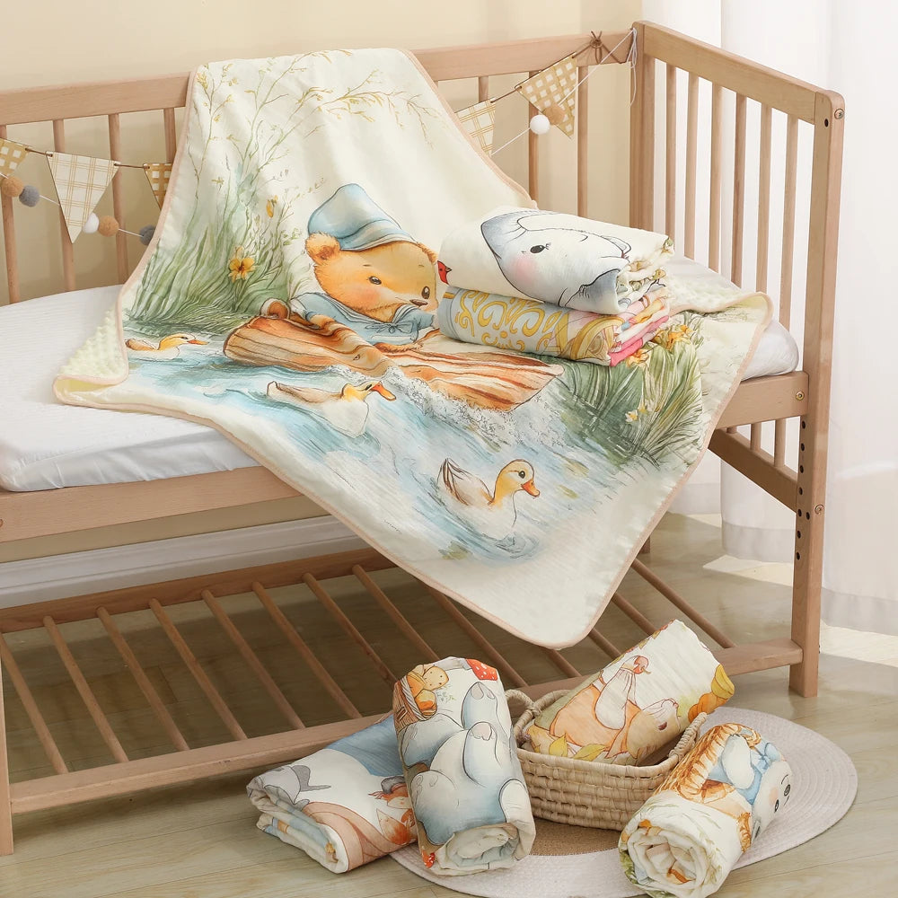 Baby A-level crepe fabric, holding the child, wrapped in a bean velvet blanket, kindergarten baby cartoon, thick and warm fabric