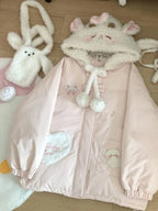 Cute Sweet Girl Little Lamb Hooded Cotton Jacket Women Warm Kawaii Light Pink Thickened Soft Coat Harajuku Casual Clothing 2025