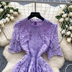 Ele Hollow out Lace ort Sve Dr Women's Summer Slimming A-Line Gown High Waist Korean Sle Commute Suitable