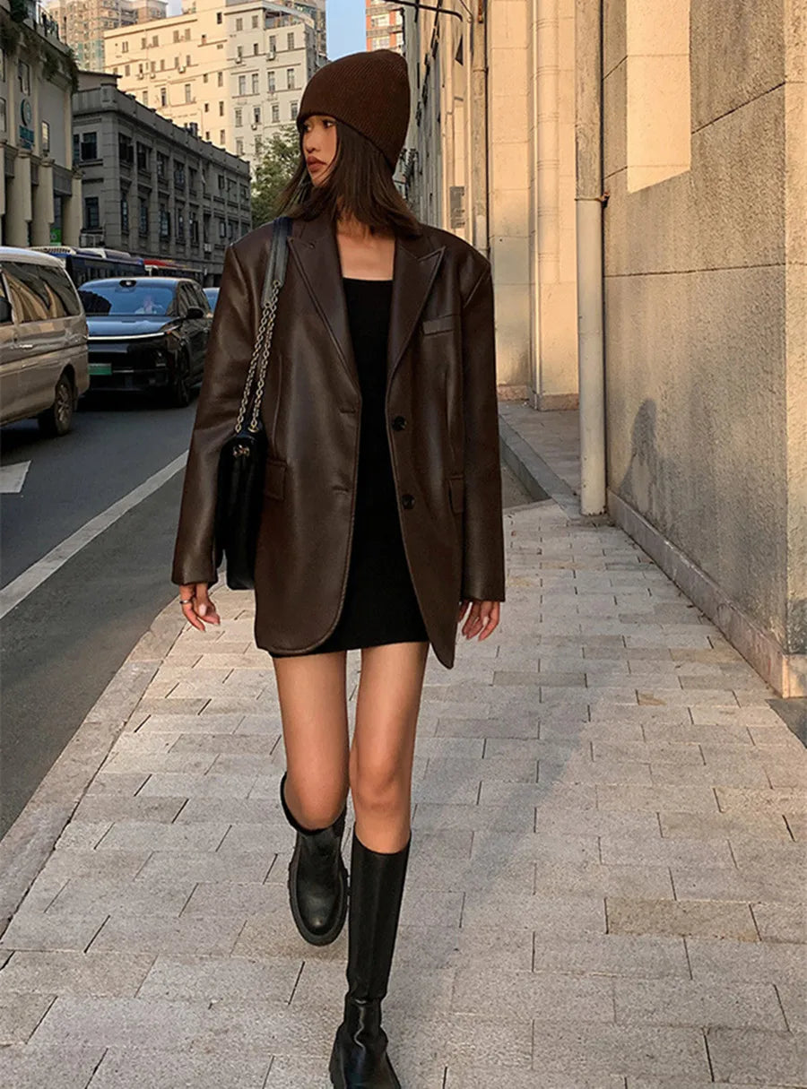 Vintage Black High Quality Leather Loose Blazer Biker Coat Women Casual Long Sleeve Flap Pocket Suit Jacket Oversized Streetwear