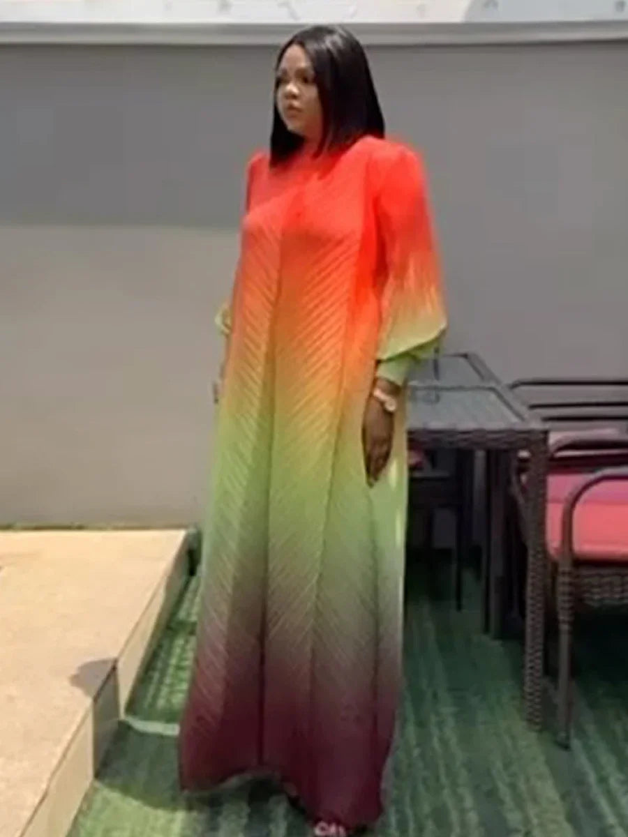 Miyake Pleated Maxi Long Miyake Dress Gradient Color Lantern Sleeves Half Turtleneck Formal Dresses for Women 2024 New Vestidos