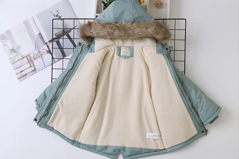 2025 Autumn Winter Girl Jacket Coat Faux Fur Hooded Plus Velvet Thicken Warm Jacket For Girl 4-14 Year Kids Teenager Girl Parka