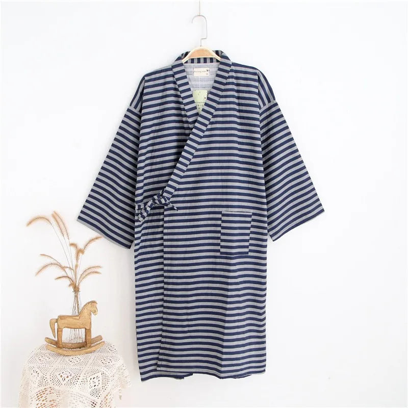 Bathrobe Men Shower Spring and Summer Cotton Nightgown Couple Men Kimono Yukata Pajamas Cardigan Striped Robe Sleepwear Homewear