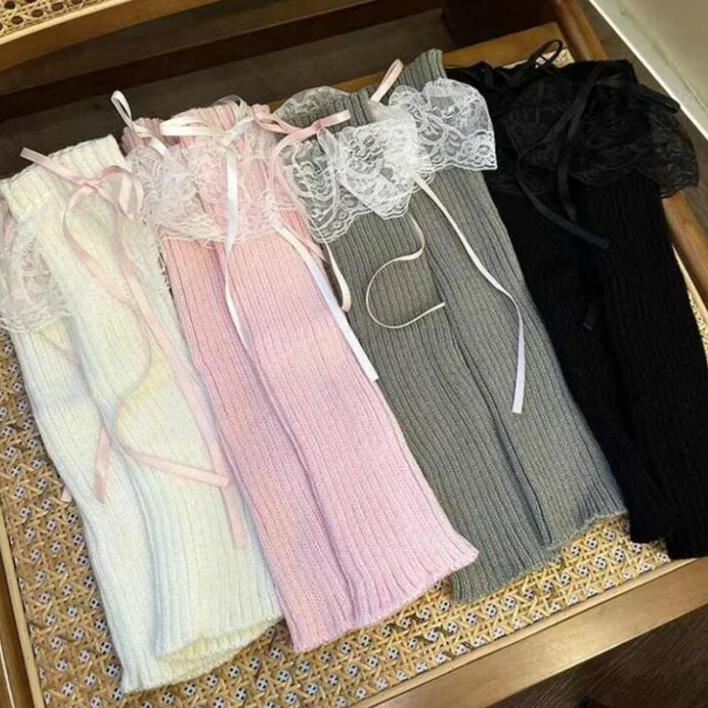 2025 New Woman Leg Warmers Autumn and Winter Ribbon Lolita Black Knee Warmers Long Socks JK Knitted Girl White Leg Warmers