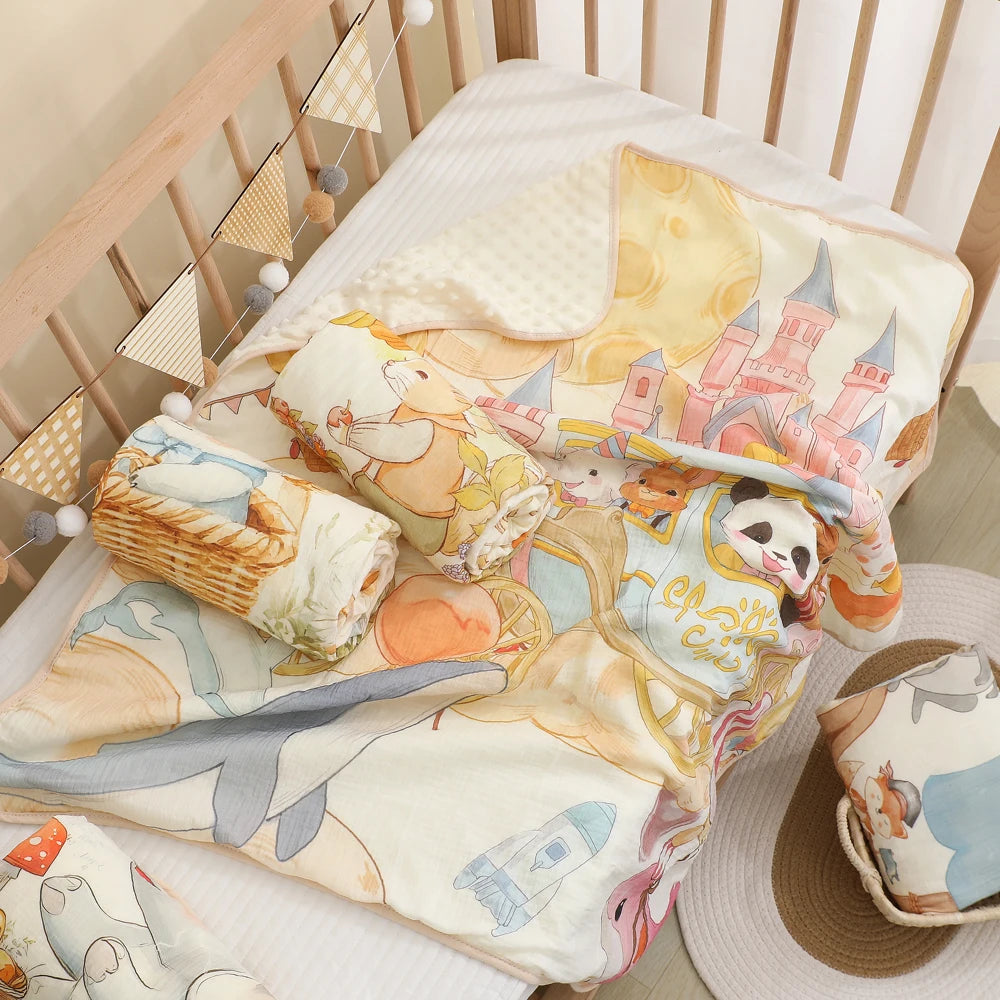 Baby A-level crepe fabric, holding the child, wrapped in a bean velvet blanket, kindergarten baby cartoon, thick and warm fabric