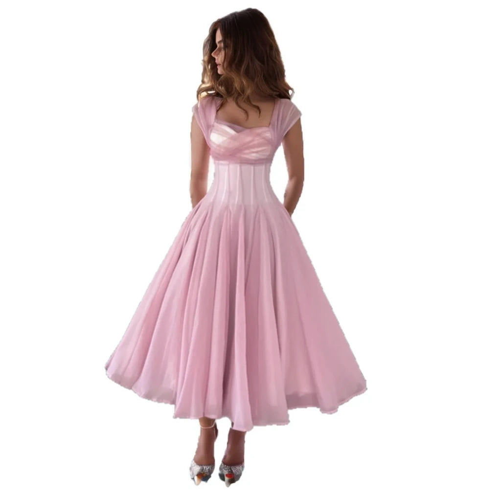 Elegant French Ruched High Waist Sleeveless Long Formal Evening Dress