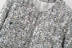 BKQU Tweed Sequined Jackets Women Casual Loose Round Neck Long Sleeved Cropped Silver Cardigan Autumn Female Warm Elegant Coats