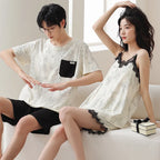 Summer Pyjamas Men Knited Cotton Pajamas Set Korean Sweet Pijamas Ladies Sexy Sleepwear Home Clothing For Youth Boy Girl