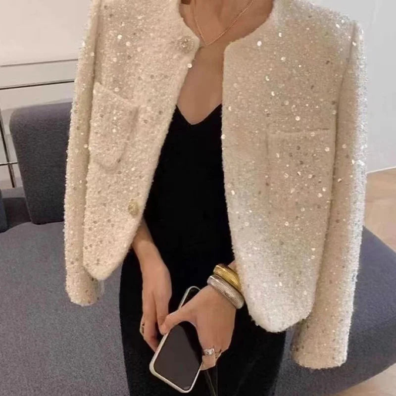 Chic Sequins Sweet Tweed Jacket Women Fall Elegant Long Sleeve Slim Coat Korean Fashion O Neck Design Female All Match New Tops