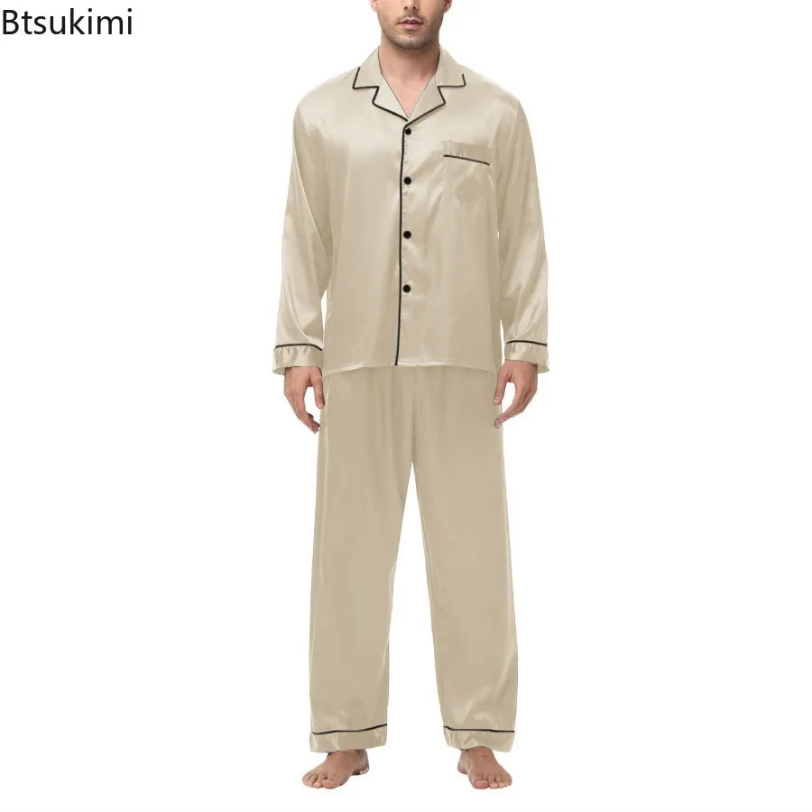Men Pajamas Set Silk Satin Sleepwear