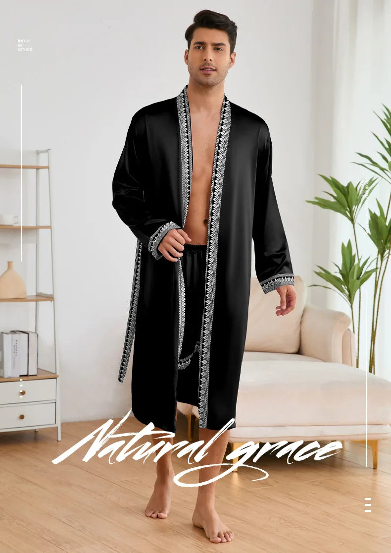 Men Long Robe Pajamas Set Baroque Style Kimono Bathrobe Gown Spring Summer Male Sleepwear Home Clothing Rayon Loungewear Pijamas
