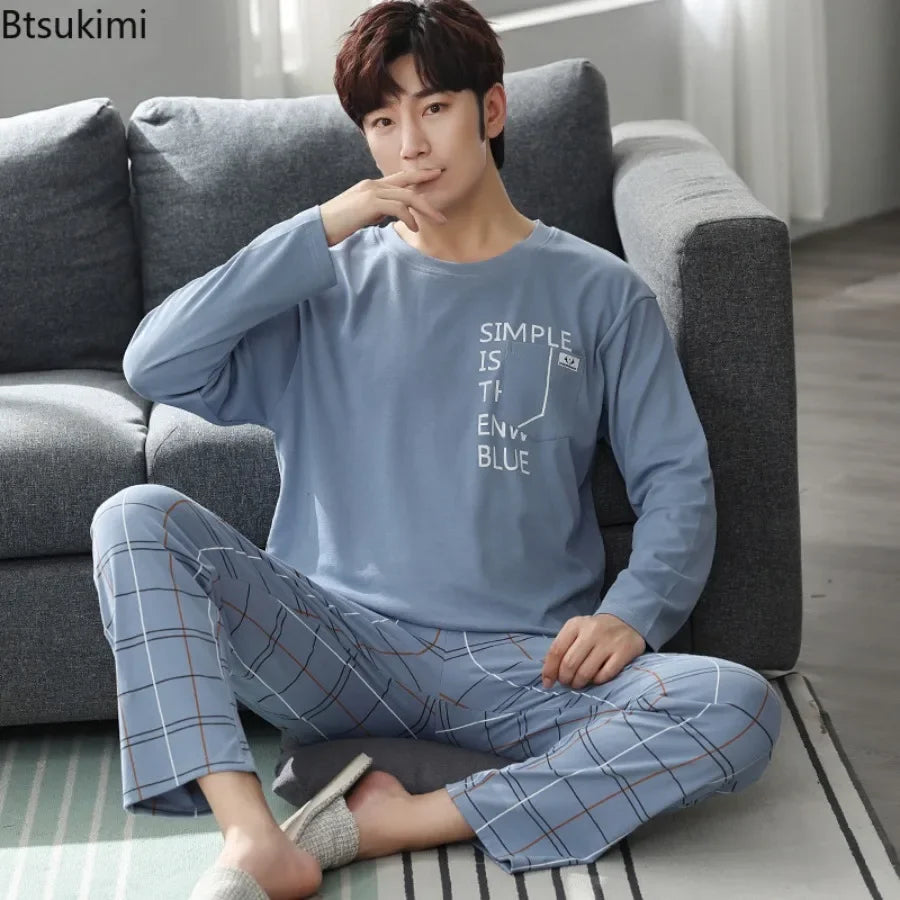 Fashion Lounge Pajamas Sets Men's Spring New Long-sleeved Tops with Trousers Cotton Homewear Comfort Simple Sleepwear Two Pieces