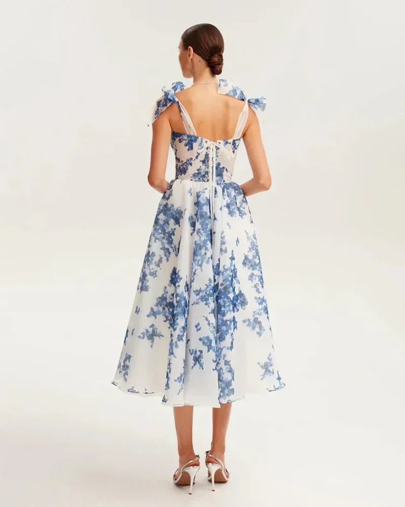 French Super Fairy Holiday Suspender Sleeveless Waist Printed Dress Slim Fit Party Dress for Women Bandage Sweet Ladies Dress