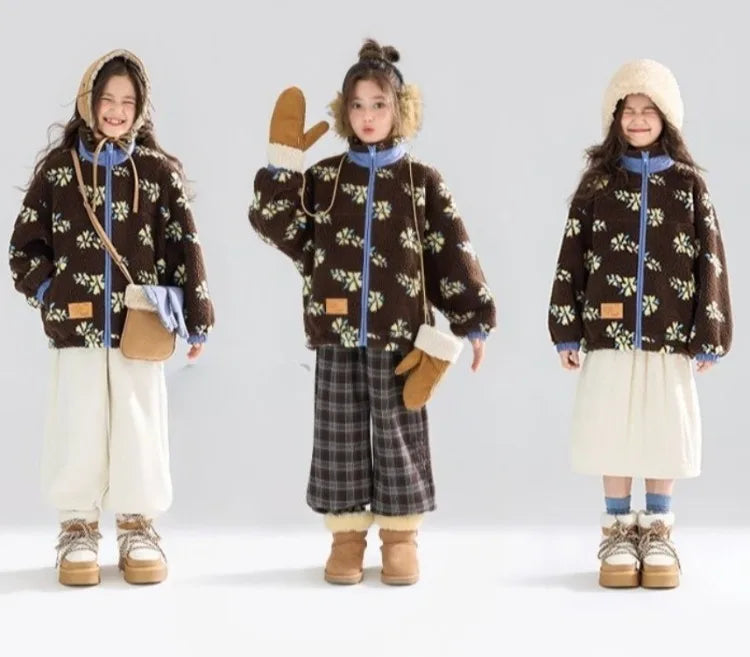 Girl's Winter Coat Floral Jacquard Lamb Fur Thickened Stylish Autumn Winter Toddler Kids Cotton Jacket