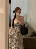Retro Watercolor Painting Strap Dr Women's Summer New High-End Feeling Waist-Cinching Slimming Holiday Long Dr
