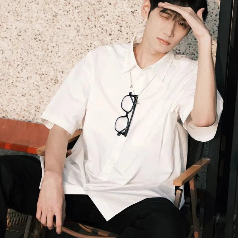 Japanese Short-sleeved Shirt Boy Boy's Stylish Brand Ins Solid Color Casual Summer Thin Retro Loose Shirt Jacket