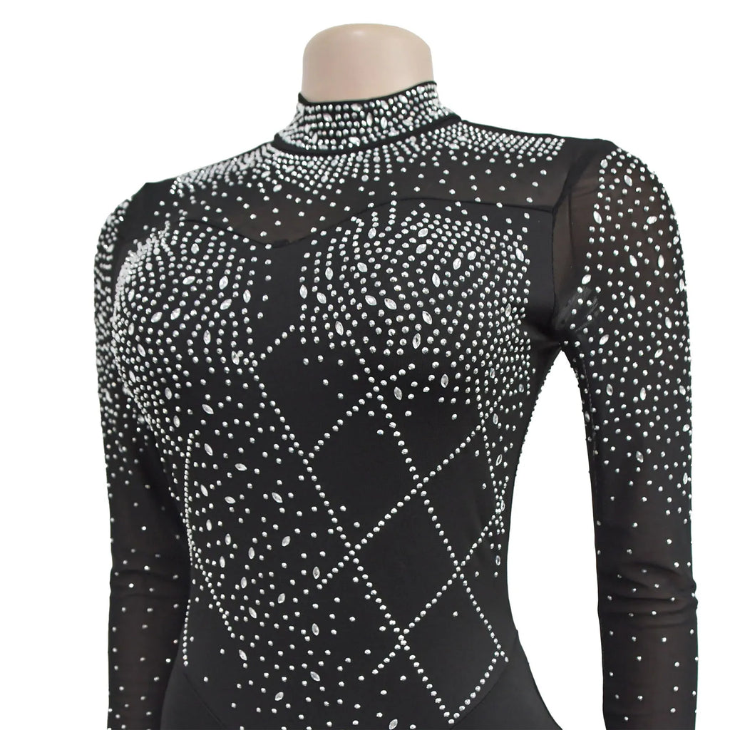 Women's Glittery Rhinestones Gymnastics Jumpsuit Sheer Mesh Patchwork Mock Neck Long Sleeve Dance Rompers One-piece Bodysuit