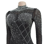 Women's Glittery Rhinestones Gymnastics Jumpsuit Sheer Mesh Patchwork Mock Neck Long Sleeve Dance Rompers One-piece Bodysuit