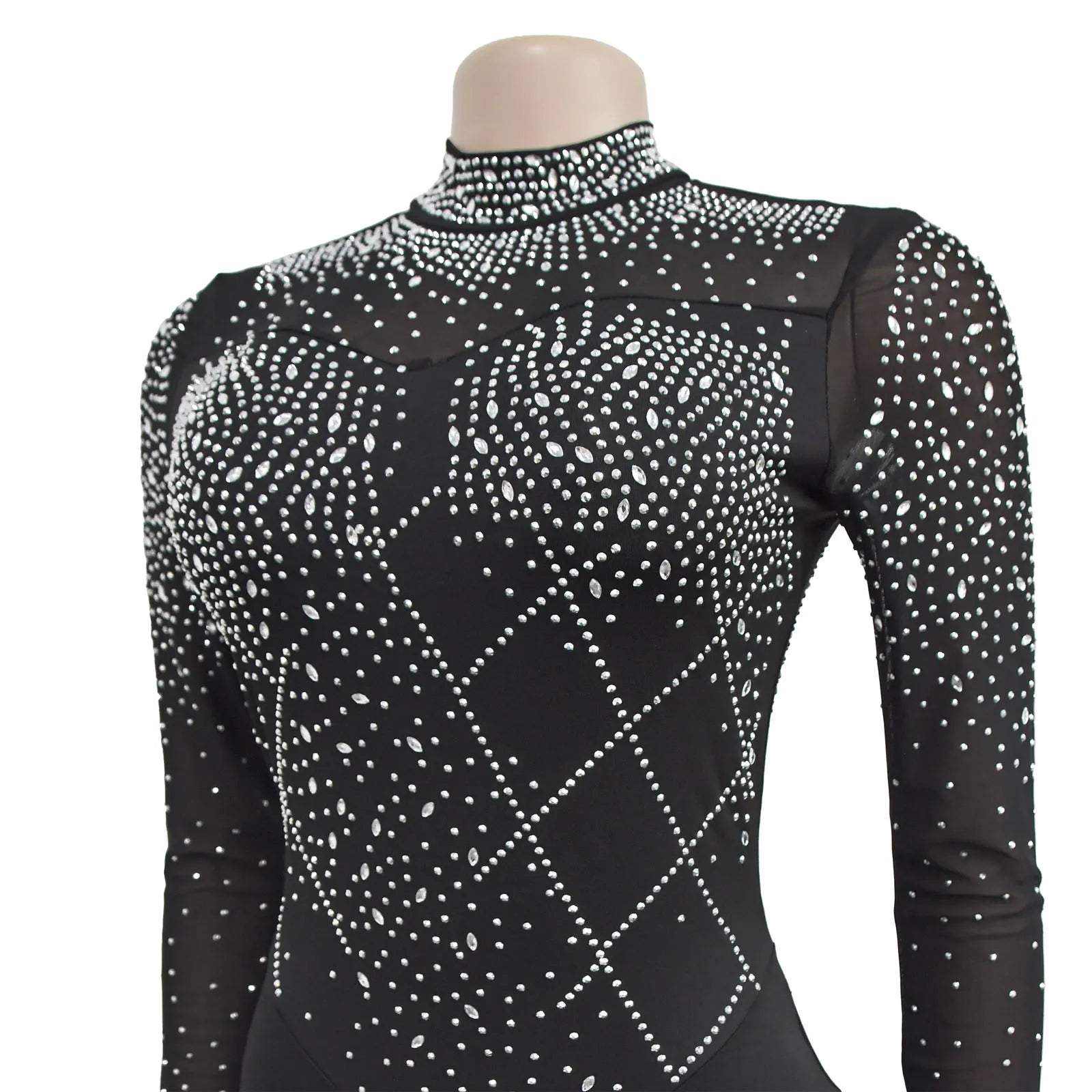Women's Glittery Rhinestones Gymnastics Jumpsuit Sheer Mesh Patchwork Mock Neck Long Sleeve Dance Rompers One-piece Bodysuit